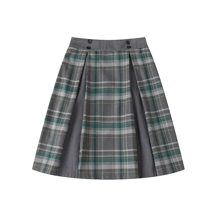 UNRETRO Casual Short Skirts Women's Gray Green Plaid-0