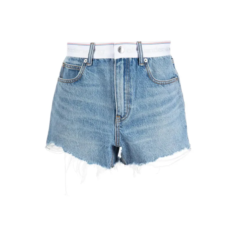 T By Alexander Wang Logo Webbing High Rise Bite Shorts Vintage Light Indigo-0