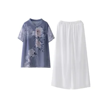 Cypress House Casual Suit Women's Top Blue Bottom White