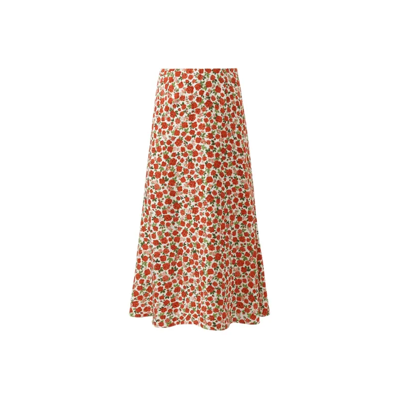 GOELIA Casual Long Skirt Women's Red Rose Print-0