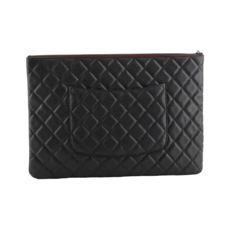 CHANEL Leather Clutch Large Size Women's Black-1