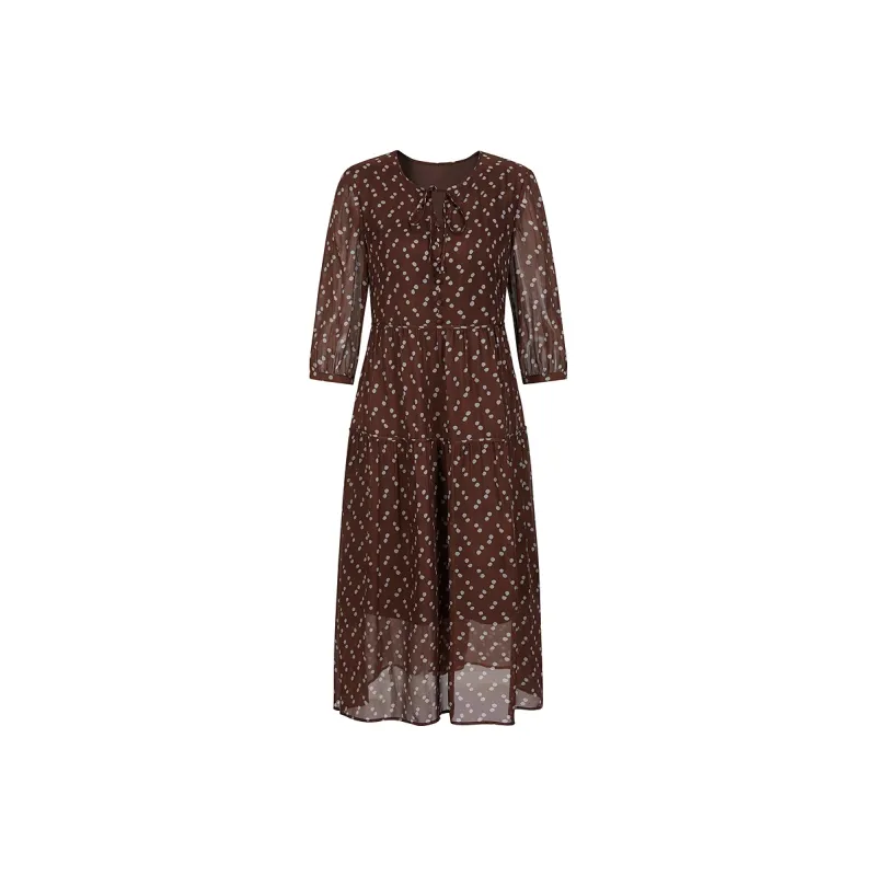 JZ. ANNAKRO Long Sleeved Dress Women's Floral Dark Coffee-0