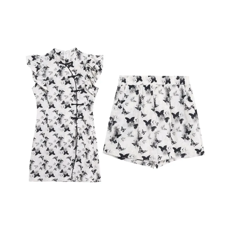 ZVJH Casual Suit Women's Ink Wash Butterfly Flower-0