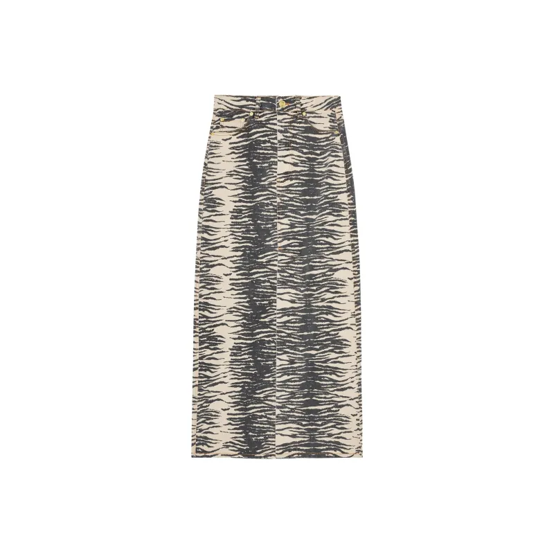 GANNI Print Denim Maxi Slit Skirt Casual Long Skirts Women's Gray-0