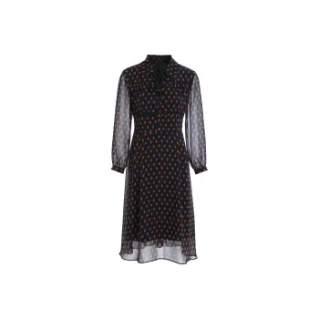 QIAOWANNI Long Sleeved Dress Women's Gold Leaf Pattern
