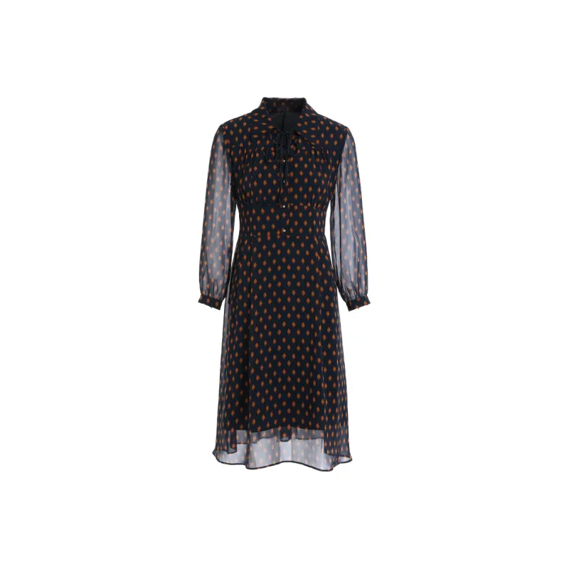 QIAOWANNI Long Sleeved Dress Women's Gold Leaf Pattern-0