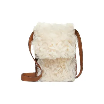 TORY BURCH Cow Leather Lambswool Cow Leather Patchwork Cell Phone Pouch, Crossbody Bag Women's White & Brown