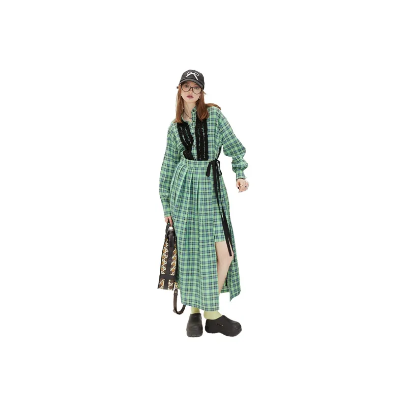 ELF SACK Long Sleeved Dresses Women's Punk Plaid-0