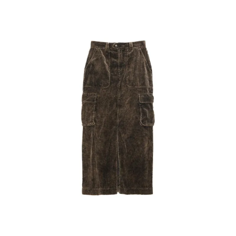 Half Circle Casual Long Skirts Women's Washed Brown-0