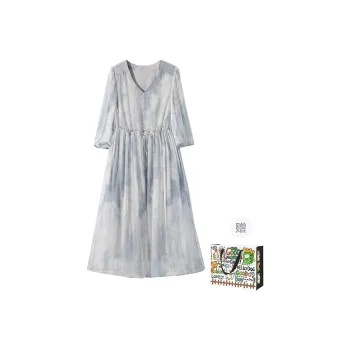 OURUOKE Long Sleeved Dresses Women's Blended Blue Shopping Bag Included