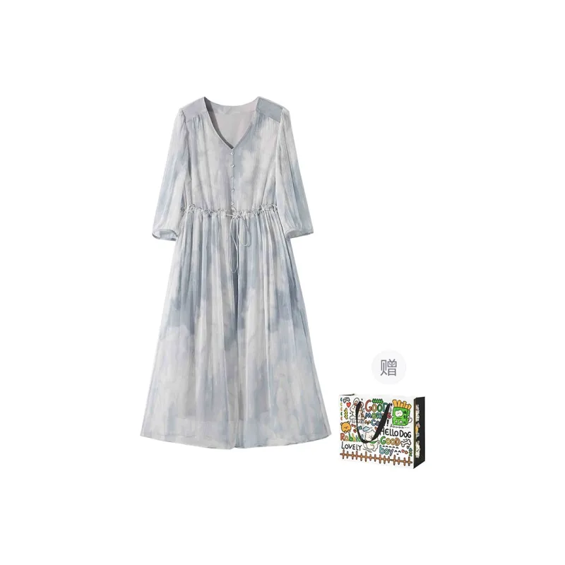 OURUOKE Long Sleeved Dresses Women's Blended Blue Shopping Bag Included-0
