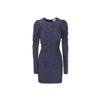 GANNI Gingham Printed Crewneck Seersucker Mini Dress