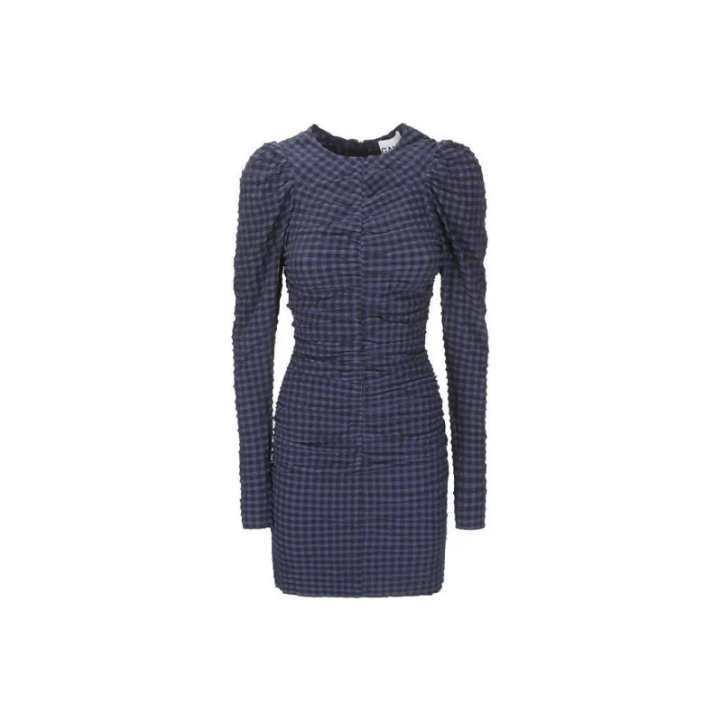 GANNI Gingham Printed Crewneck Seersucker Mini Dress-0