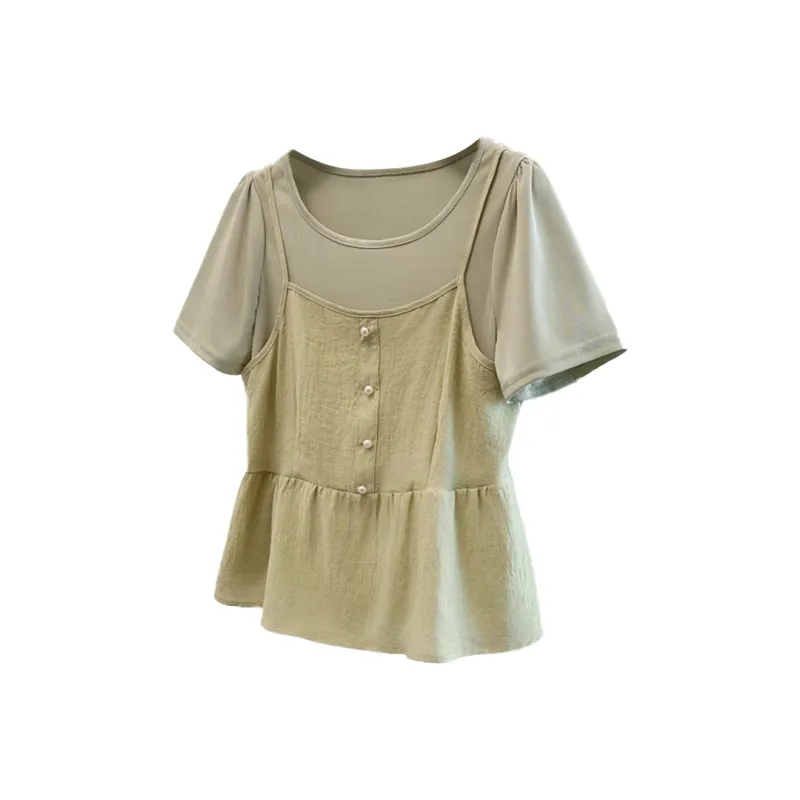 YUNFEIXIU Casual Suit Fashion Patchwork Camisole Top Two Piece Set Crew Neck Slimming Microchub Stylish Summer Women's-0