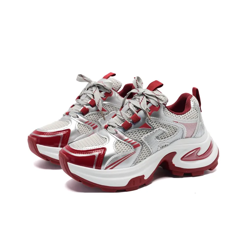 OAOQ Chunky Sneakers Unisex Low Top Silver/Red-8