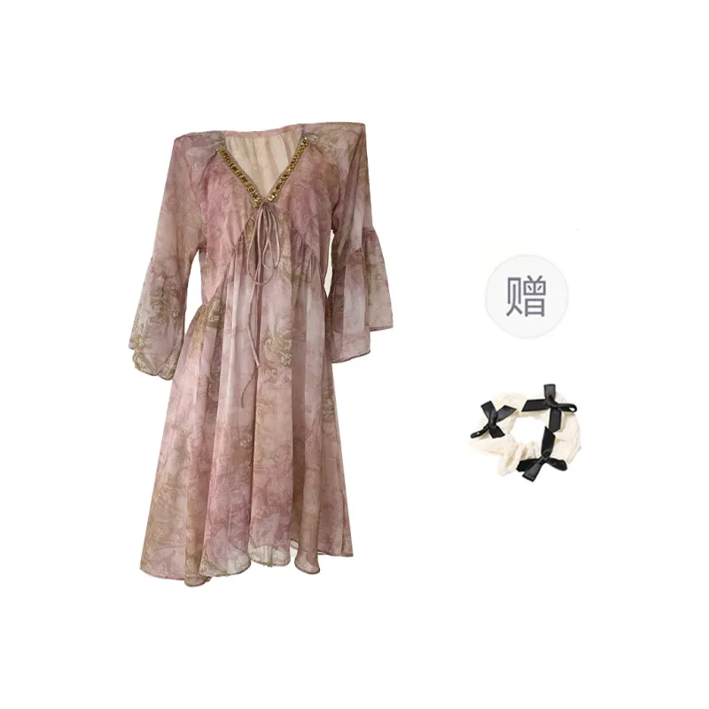 TORIGHT Long Sleeved Dresses Women's Pink+Bow Hair Tie.-0