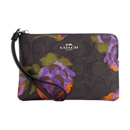 COACH Canvas With Smooth Leather Wrist Bag Clutch Small Size Women's Dark Brown