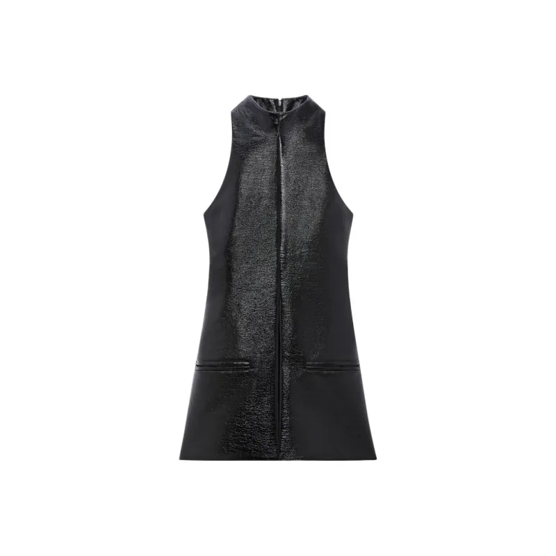 COURREGES Mock Neck Sleeveless Vinyl A Line Dress-0