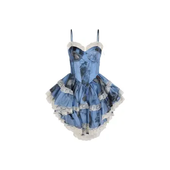 Selkie Collection Slip Dress Women's Blue Base Gadda Dance Girlish Embroidery Print