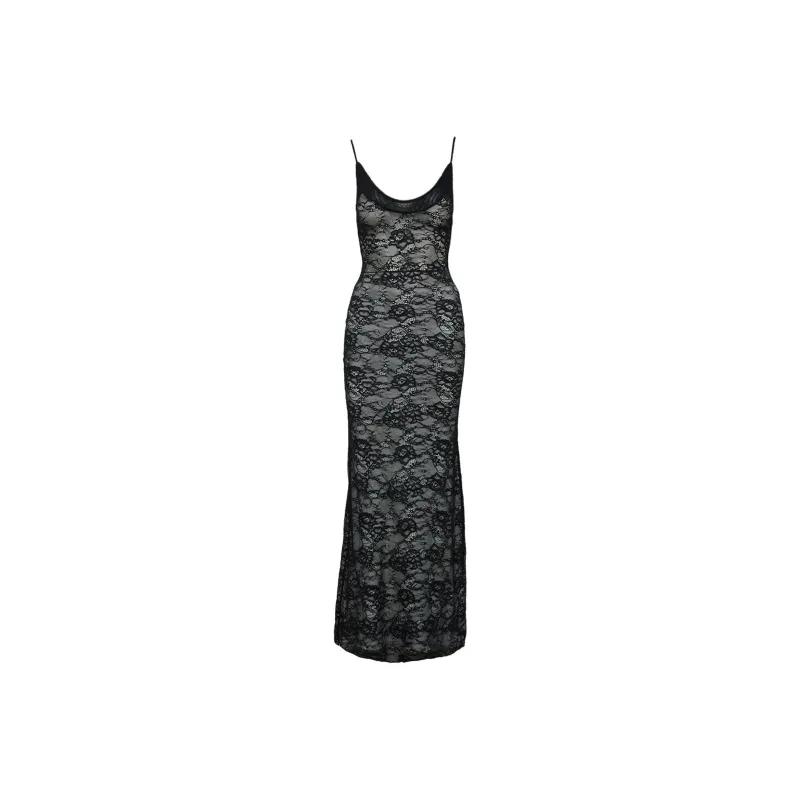 PRINCESS POLLY Dynamo Sheer Lace Maxi Dress Slip Dress Women's BLACK/Black-0