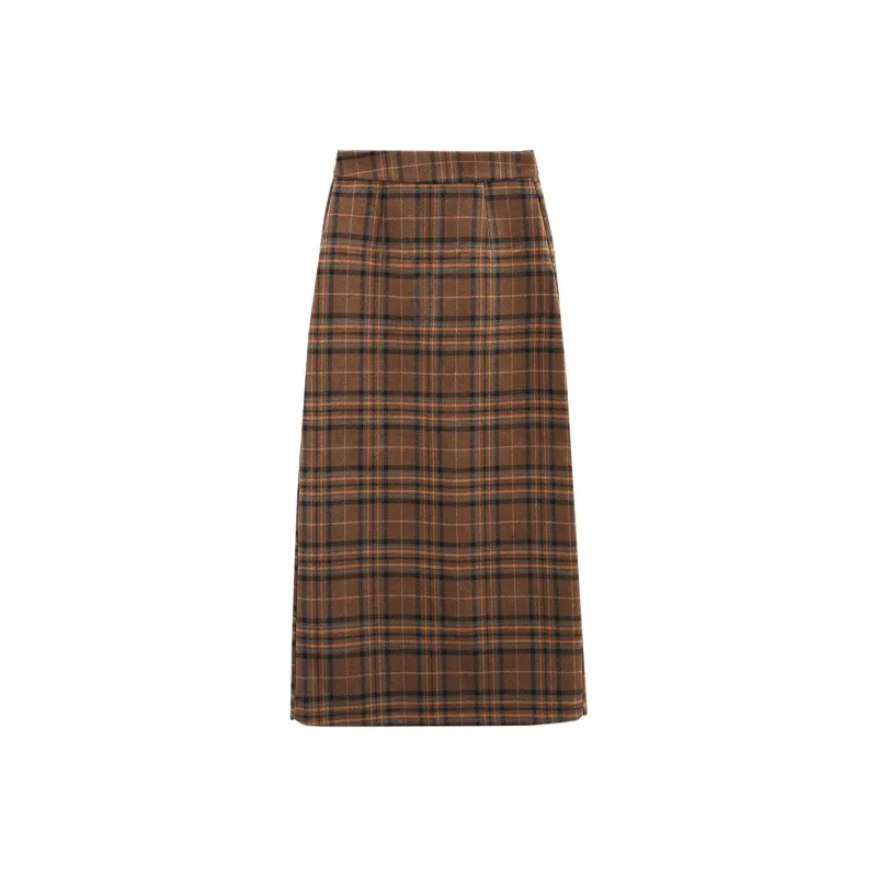 A Paradise For Awakening Casual Long Skirt Women's Coffee Plaid-0