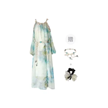 PAVEA Long Sleeved Dress Women's Blue+Belt+Hair Tie Comes With