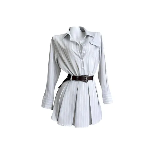 DOKZB Long Sleeved Dresses Women's Striped Light Blue