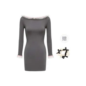 TURN UP Long Sleeved Dress Women's Gray Pink+Bowknot Hair Tie Comes With