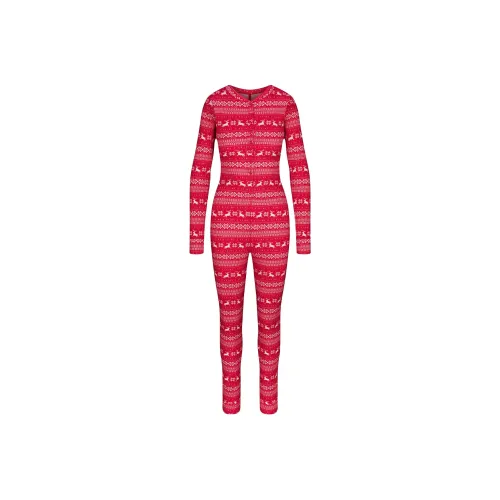 SKIMS Fake Day Collection FW24 LOGO PLUSH POINTELLE HENLEY ONESIE Jumpsuit Women's RED DEER FAIR ISLE