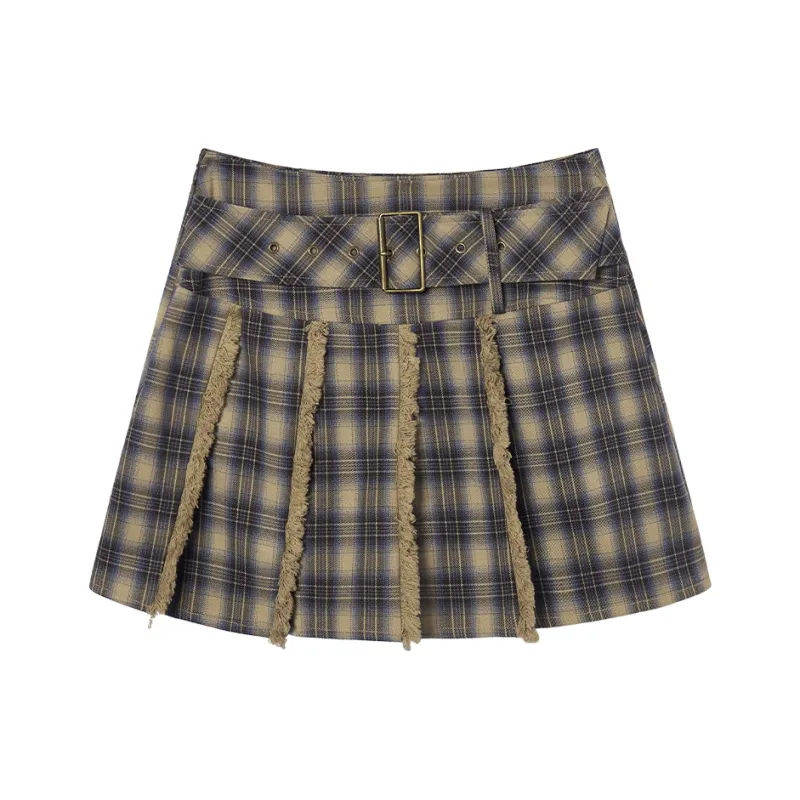 EPTISON WOMAN Casual Short Skirts Women's Blue Coffee Plaid-0