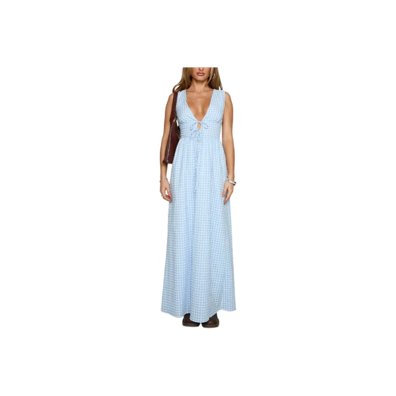PRINCESS POLLY POKEY MAXI DRESS Sleeveless Dress Women's Blue Check/Blue Plaid-0