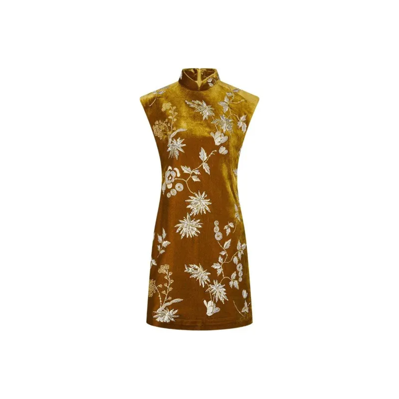Shanghai Tang Beaded Velvet Qipao Dress-0