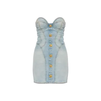 BALMAIN Strapless Button Detailed Denim Dress