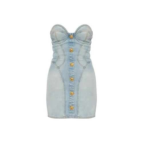 BALMAIN Strapless Button Detailed Denim Dress