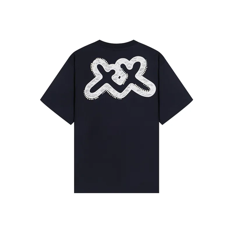 POPWAVE T Shirts Women's Navy Blue Lace Applique Short Sleeved Top-1