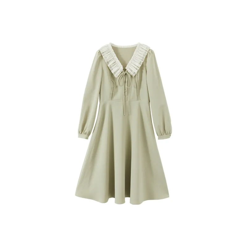 XIANGYING Long Sleeved Dresses Women's Matcha Green-0