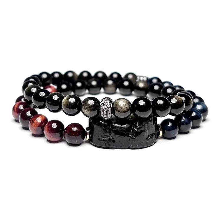 MOUNTAINS AND MANS Natural Obsidian New Chinese Style Stackable Good Luck Beaded Bracelet Men's-4