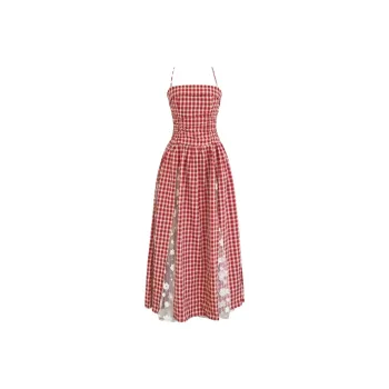 XIAOJUCHUANLI Slip Dress Women's Red And White Plaid