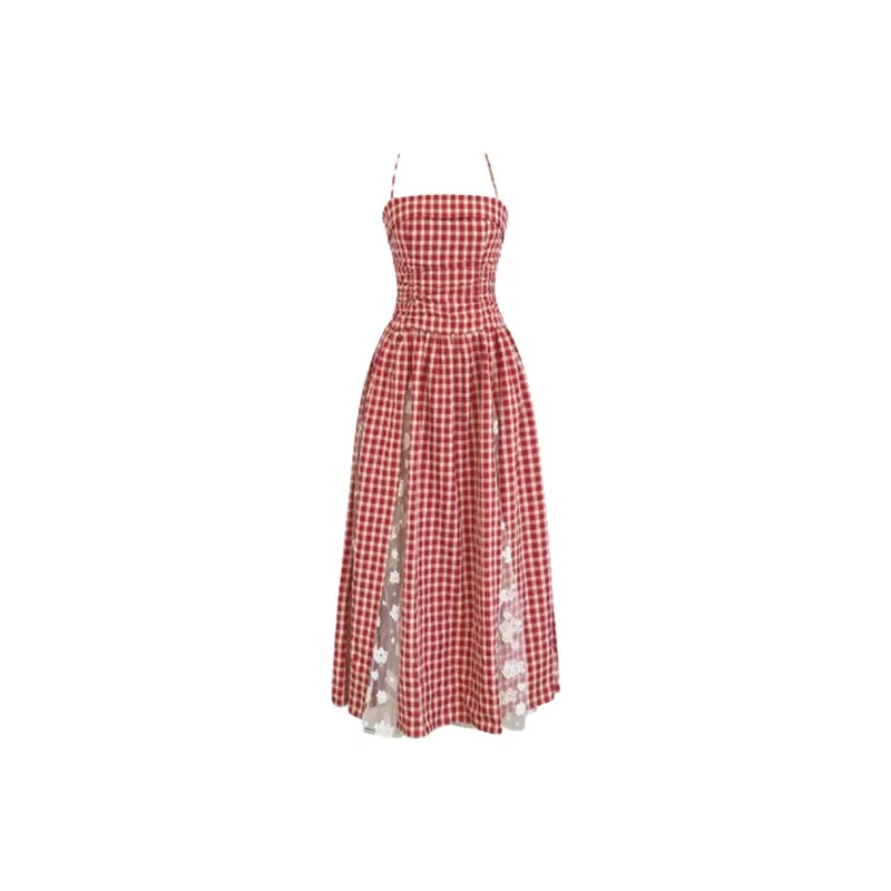 XIAOJUCHUANLI Slip Dress Women's Red And White Plaid-0