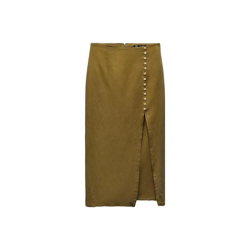 ZARA Casual Long Skirts Women's Dark Olive Green-0