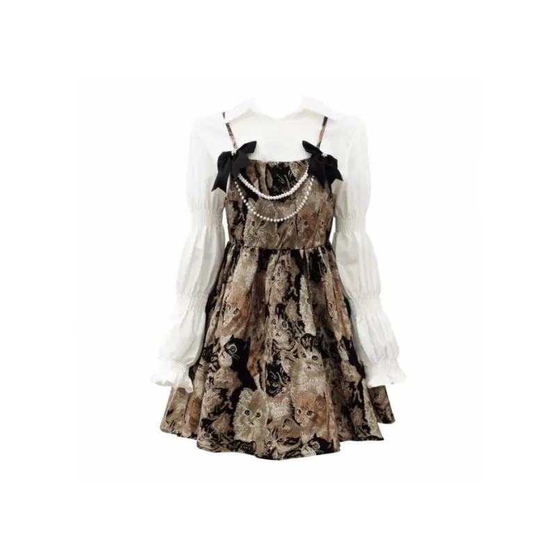 PUREIDOL Long Sleeved Dresses Women's Two Piece Set[Shirt+Camisole Dress]-0