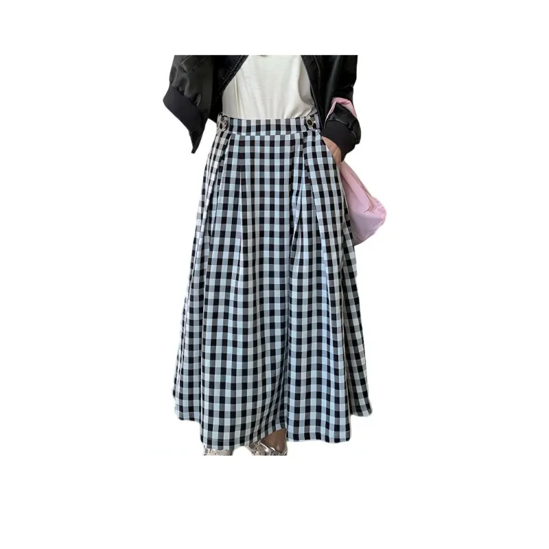 SISILYON STUDIO Casual Long Skirts Women's Black White Plaid-0