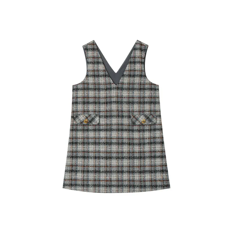 ELF SACK Sleeveless Dress Women's Plaid Yellow Gray-0
