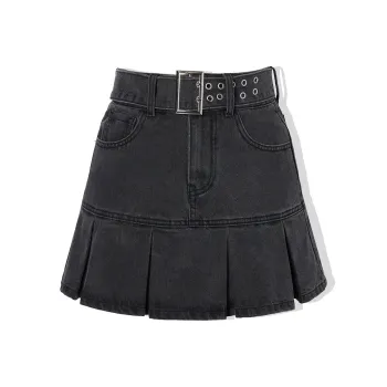 LA CRAWFISH Fitted Pleated Skirt Denim Dresses & Skirts Women's Washed Black