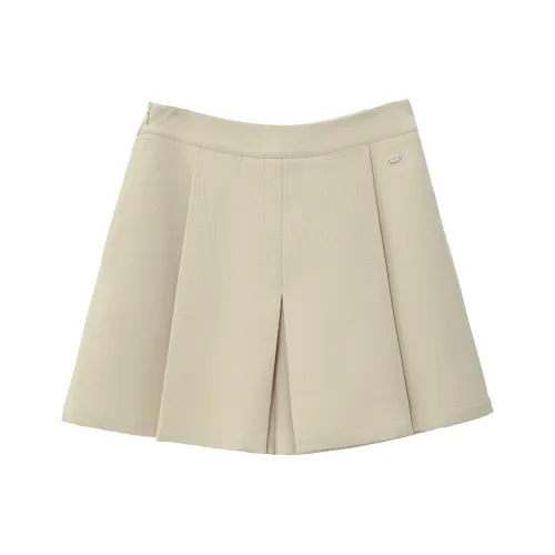Fstudio Early Autumn High Rise A Line Pleated Wide Leg Casual Shorts Women's Beige Yellow
