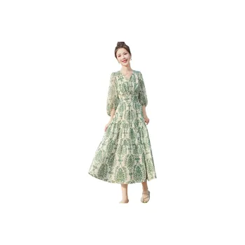 Cypress House Long Sleeved Dresses Women's Beige Base With Green Floral Design
