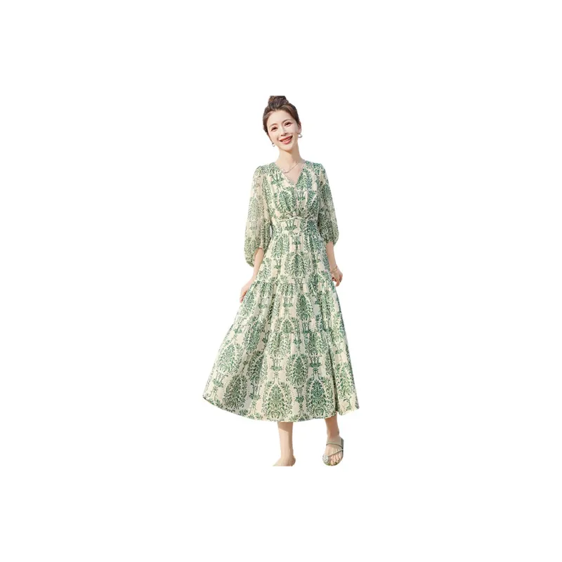 Cypress House Long Sleeved Dress Women's Beige With Green Print-0