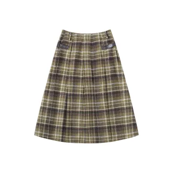 Saotome Casual Long Skirts Women's Green Brown Plaid