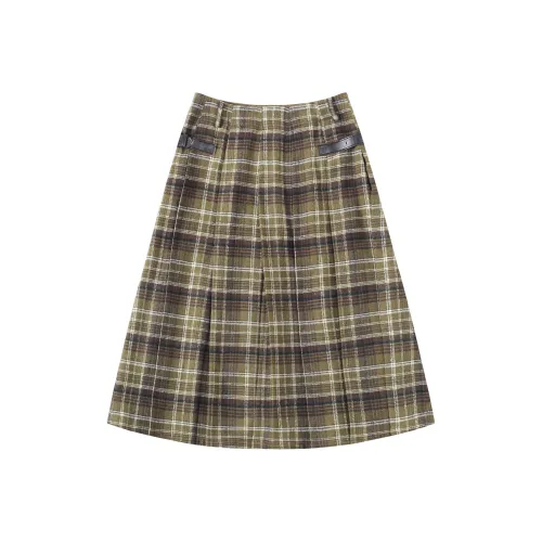 Saotome Casual Long Skirts Women's Green Brown Plaid