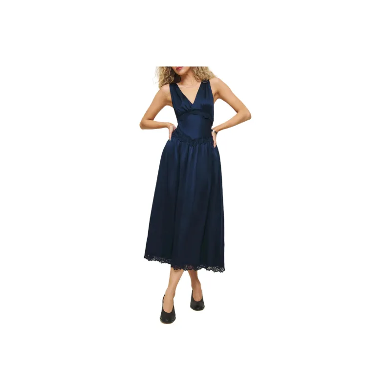 REFORMATION Stasia Silk Dress Sleeveless Dress Women's Marine Blue-0